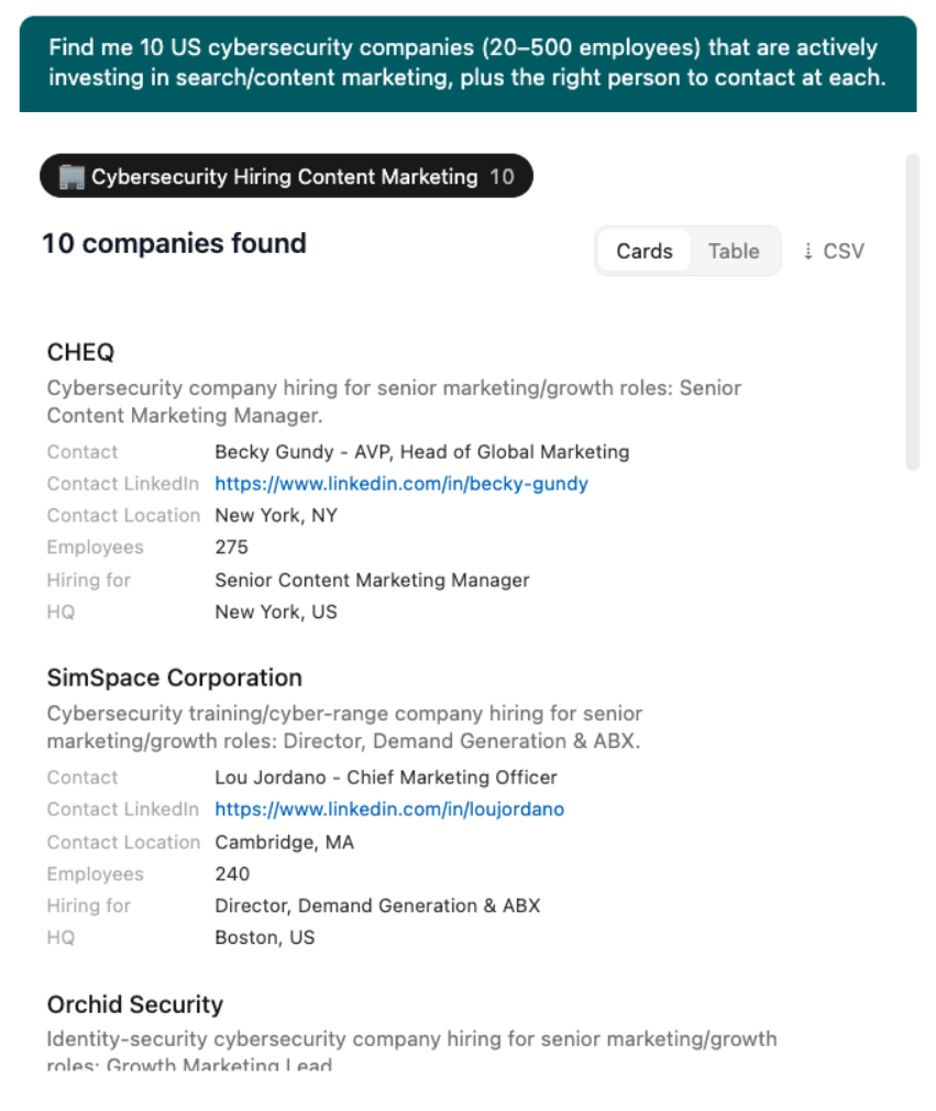 Sliq asked for 10 US cybersecurity companies actively investing in search and content marketing, returning a list of companies with the hiring signal each one showed and the right person to contact — name, title, LinkedIn profile, and location