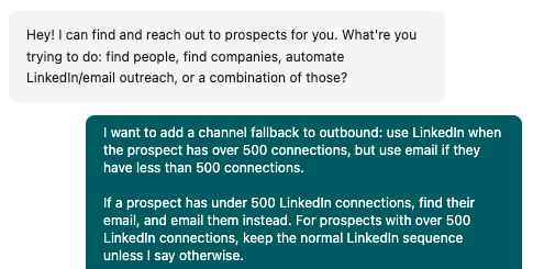 A Sliq chat where the user sets up the channel-fallback rule: use LinkedIn for prospects with over 500 connections, and find an email and reach out that way for prospects with under 500
