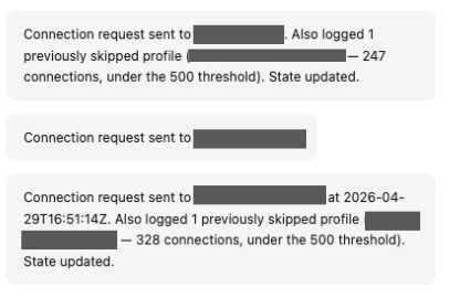 Sliq's activity log showing connection requests sent to active prospects while low-connection profiles (247 and 328 connections, under the 500 threshold) are logged as skipped and routed to email instead