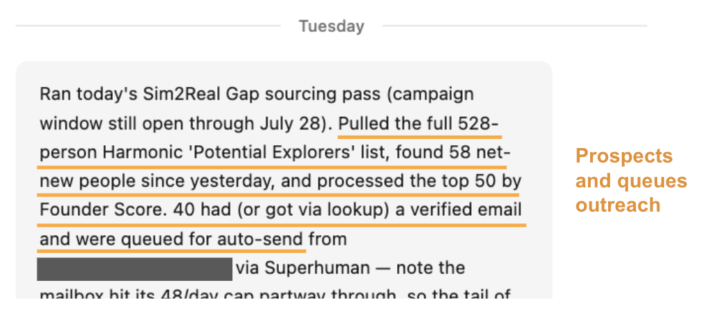 The agent's daily sourcing report: it pulled the full prospect list, found the net-new people added since yesterday, ranked them by fit score, and queued the top 50 with verified emails for sending