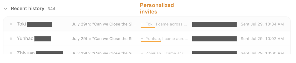 Sent-message history showing individually personalized invitations, each opening with the recipient's first name and a line referencing their own work, timestamped a couple of minutes apart