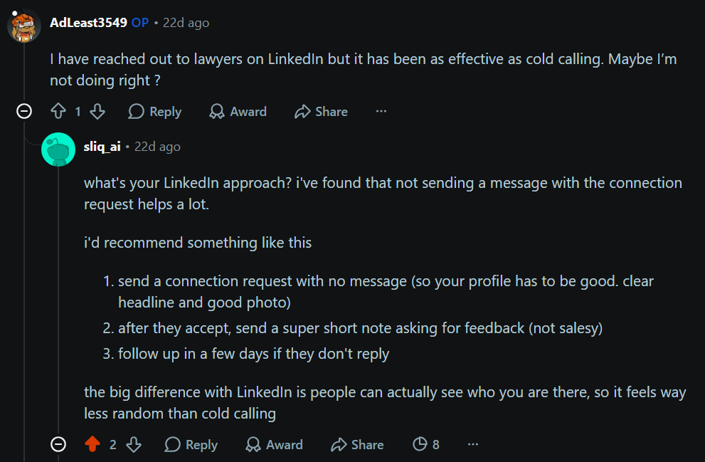 A Reddit thread where the original poster asks about reaching lawyers on LinkedIn, and Sliq replies with a short, no-pitch breakdown of a connection-request approach instead of promoting a product