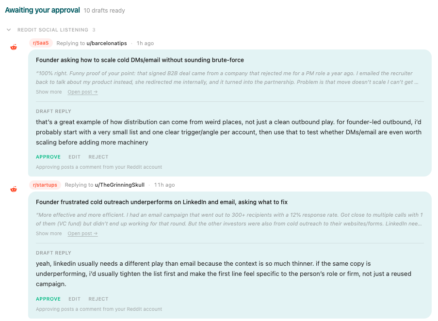 Sliq's approval queue for Reddit social listening, showing high-intent threads from r/SaaS and r/startups with value-first draft replies, each with Approve, Edit, and Reject controls so you review every comment before it's posted from your Reddit account