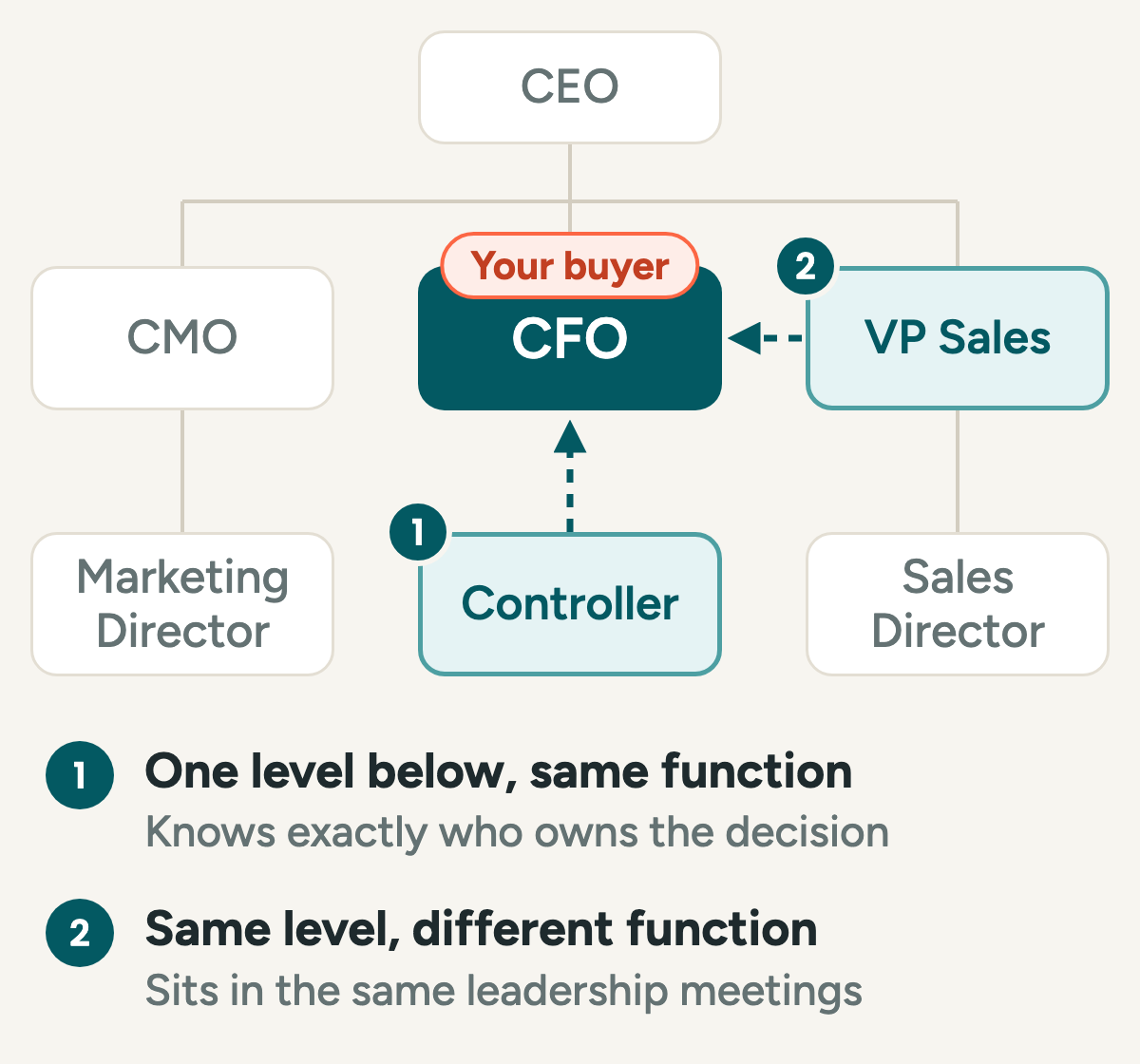 An org chart with the CFO highlighted as your buyer. Two people near the CFO are marked as the ones to ask: the Controller, one level below in the same function, and the VP of Sales, at the same level in a different function. Arrows point from each of them to the CFO.