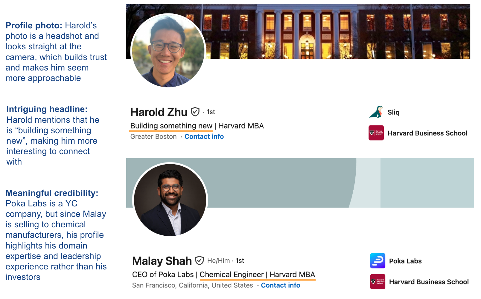 Two annotated LinkedIn profiles showing how an approachable headshot, an intriguing headline, and credibility the recipient understands make a profile more likely to get connection requests accepted