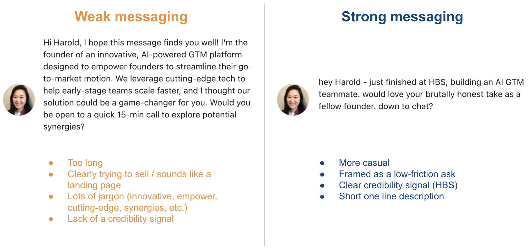 Weak versus strong LinkedIn messaging side by side: the weak version is long, salesy, jargon-heavy, and missing a credibility signal, while the strong version is casual, short, leads with a credibility signal, and frames a low-friction ask