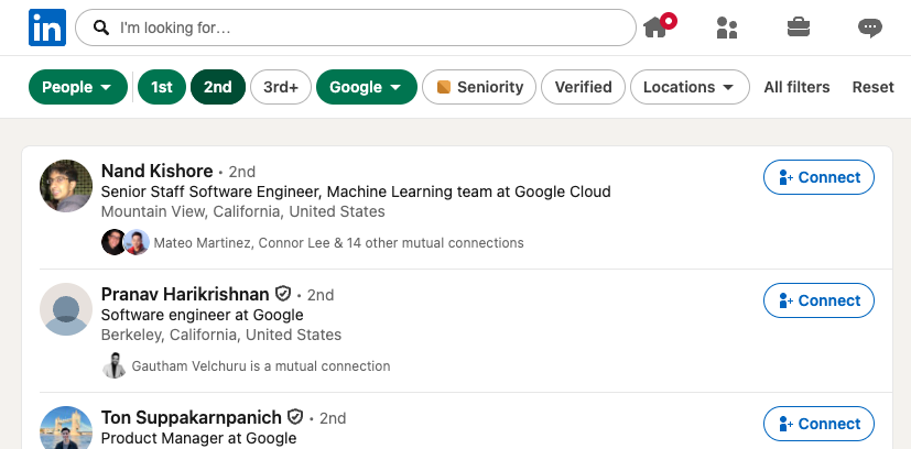 LinkedIn people-search results filtered to 2nd-degree connections who work at Google, with each profile listing the mutual connections you share — the raw view of who inside a target account you already have a path to