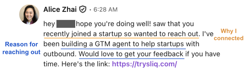 A LinkedIn message to a 1st-degree connection that references why the sender connected, keeps the ask short and low-pressure, and links to what they're building