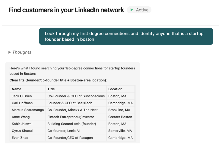 Sliq searching a user's 1st-degree connections for startup founders based in Boston and returning a table of clear fits with name, title, and location