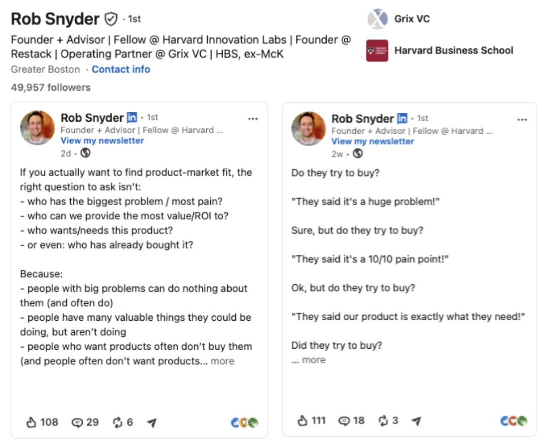 Two of a creator's LinkedIn posts compared: an on-topic post about a go-to-market problem, whose engagers are likely your ICP, versus a generic engagement-bait post, whose engagers tell you nothing about whether they need what you sell