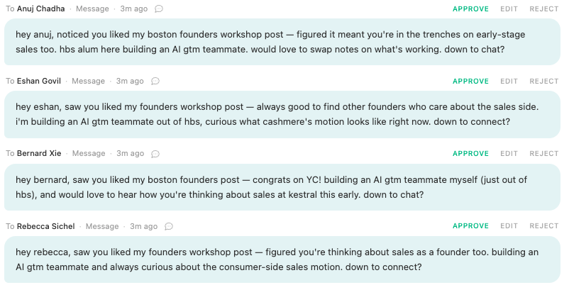 Sliq's approval queue showing drafted opener messages to four people who liked the sender's founders-workshop post, each message referencing that exact post and adding one line about the AI GTM teammate the sender is building, with Approve, Edit, and Reject controls so you review every message before it sends