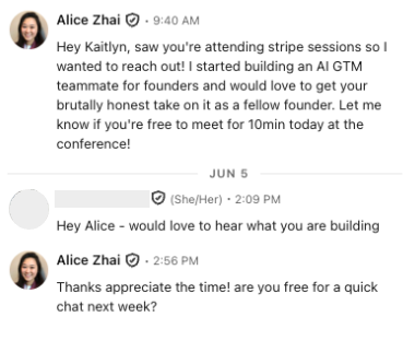 A LinkedIn thread where a prospect replies that they'd love to hear what you're building and the sender asks if they're free for a quick chat — the moment a prospect agrees to meet but hasn't yet booked a time
