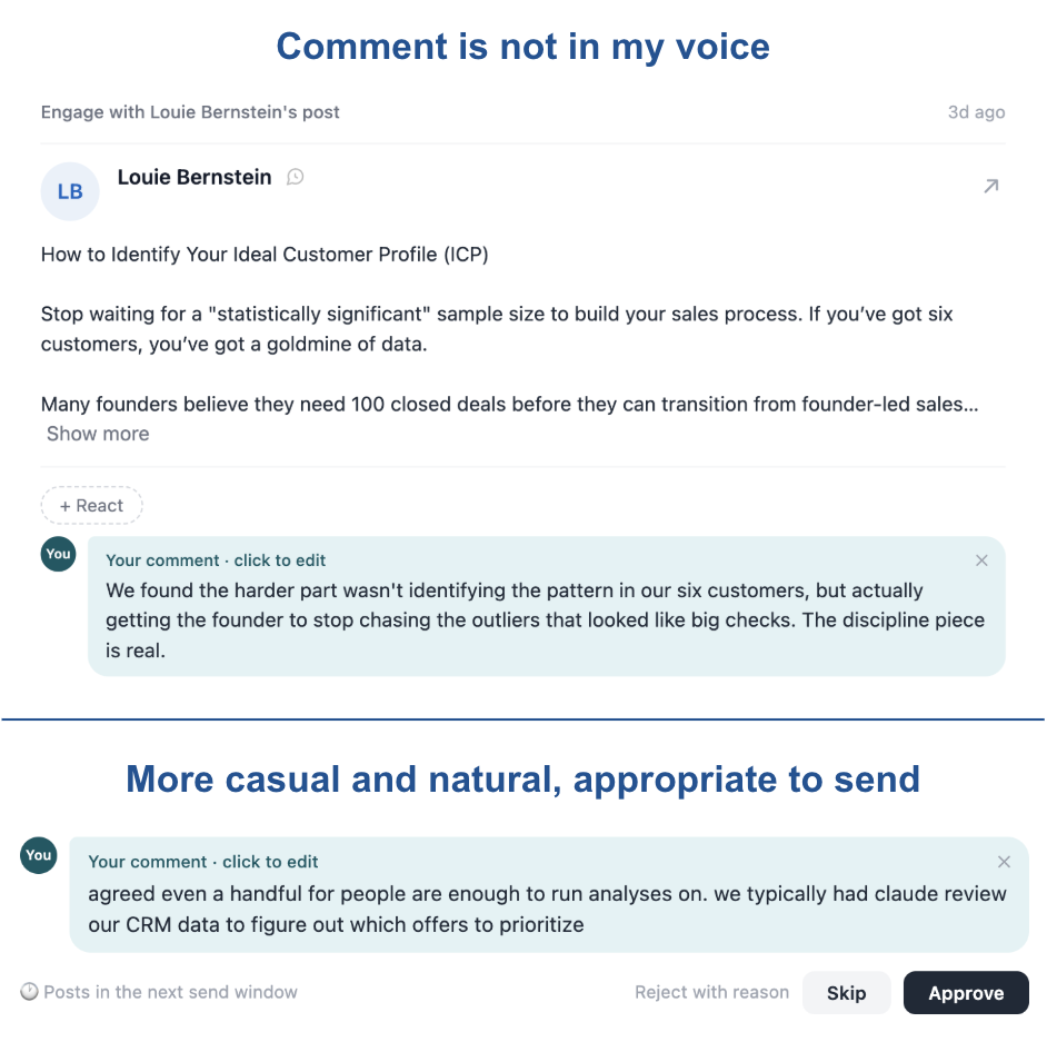 A casual, human-sounding LinkedIn comment that reacts to one specific detail in a prospect's post in the sender's own voice, next to a stiff, generic comment that praises the post and adds nothing — showing what sounding like yourself looks like