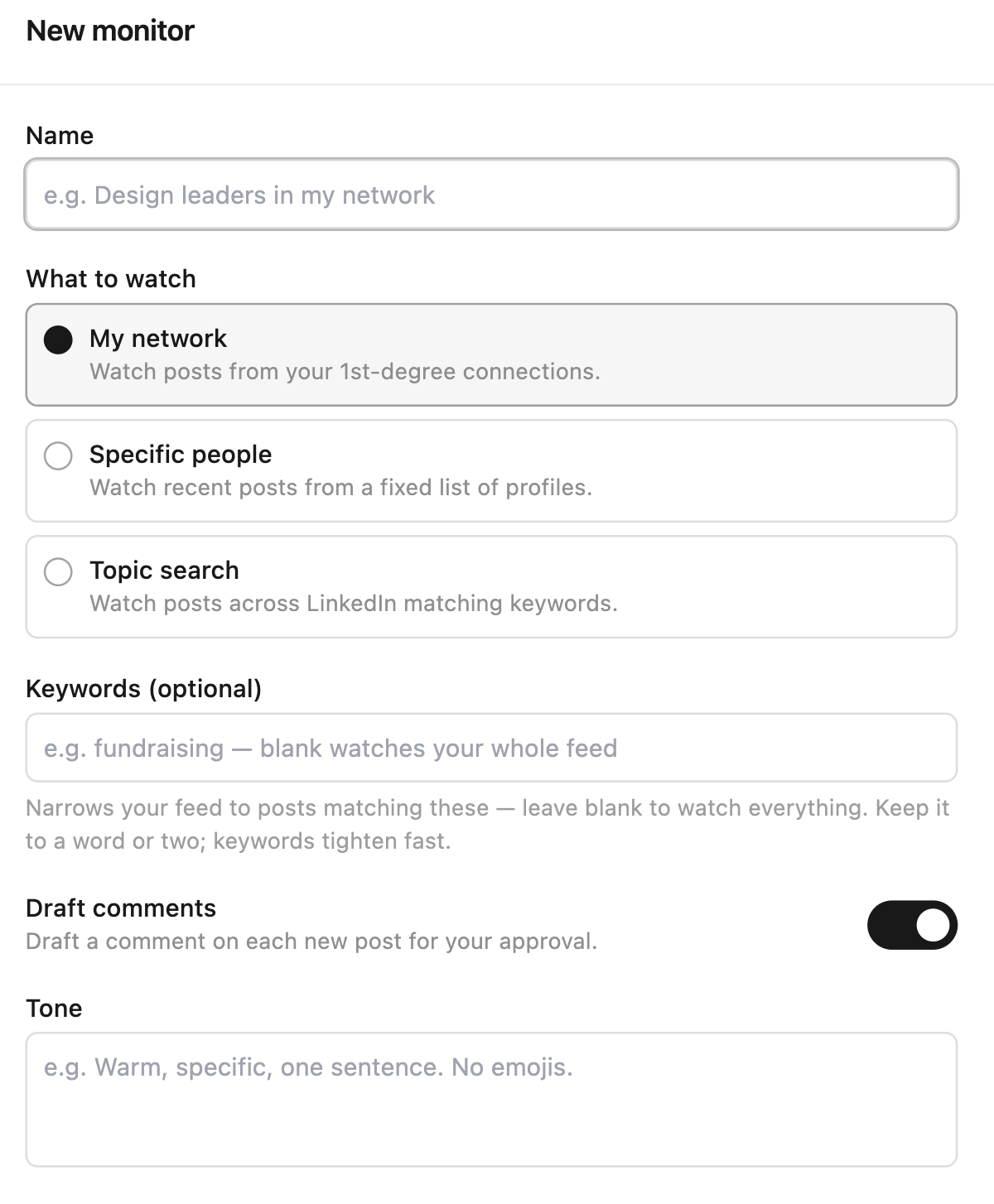 Sliq monitoring a list of prospects for new LinkedIn posts and drafting a casual comment in the user's voice for each one, with Approve, Edit, and Reject controls so you review every comment before it's posted