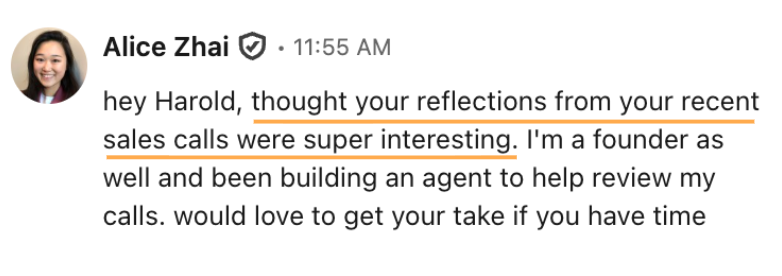 A personalized LinkedIn opener that reacts to something specific the prospect posted about their recent sales calls, then adds one line about what the sender is building