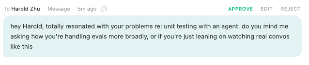 A Sliq-drafted personalized LinkedIn message referencing the prospect's specific post, with Approve, Edit, and Reject controls so you review each draft before it sends