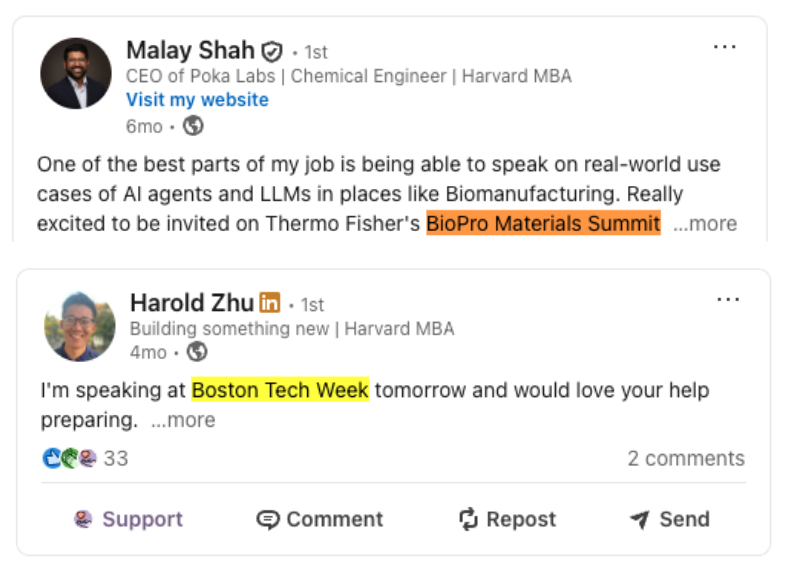 Two LinkedIn posts from people announcing they'll be at an event: a CEO excited to speak at a biomanufacturing summit, and a founder speaking at Boston Tech Week, with the event names highlighted