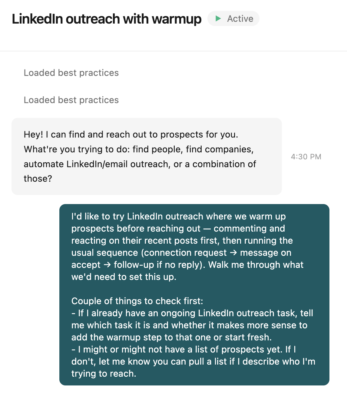 A Sliq chat setting up a LinkedIn outreach task with warm-up — the agent offers to find people, automate the outreach, and run the usual connection-request, message, and follow-up sequence with warm-up steps inserted