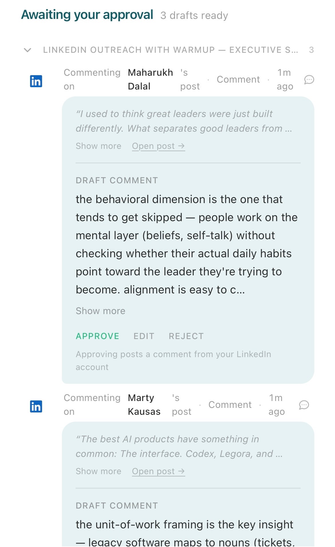Sliq's approval queue showing drafted warm-up comments on prospects' posts, each with Approve, Edit, and Reject controls so you review every comment before it's posted from your LinkedIn account